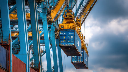 A dramatic scene of large cranes lifting shipping containers in a busy port, highlighting the crucial role of heavy machinery in modern logistics and trade operations.の素材