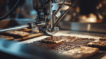 Experience the intricate process of automated baking as chocolate is drizzled over cookies, showcasing modern machinery in a lively industrial bakery.の素材