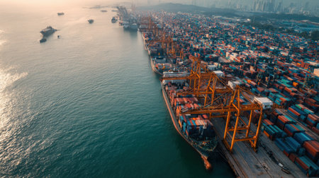 Captivating aerial view showcasing a busy shipping port with vibrant cargo containers and cranes at sunset, illustrating the essence of maritime logistics and urban industry.の素材