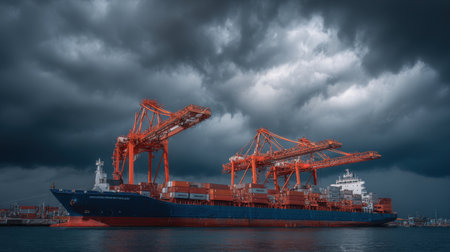 A striking image of a container ship parked at a port, surrounded by dark clouds and towering cranes, showcasing maritime logistics in an industrial environment.の素材