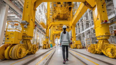 A young woman in a hard hat confidently walks through a modern industrial facility filled with heavy machinery, emphasizing safety and innovation in the construction industry.の素材