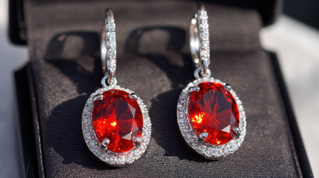 Stunning red gemstone earrings featuring intricate designs and sparkling rhinestones, ideal for elegant occasions and adding a touch of sophistication to any outfit.の素材