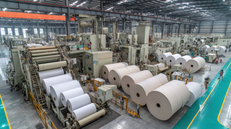 A modern paper mill showcasing large rolls of paper, advanced machinery, and dedicated workers in a spacious industrial setting, emphasizing quality and production efficiency.の素材