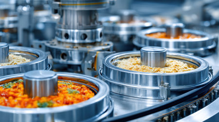 High-tech industrial food processing line showcasing automated machinery, metal containers filled with colorful ingredients, and a focus on efficient production and quality standards.の素材