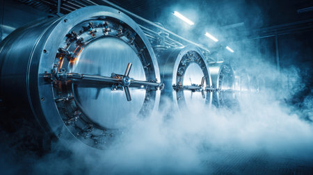 A dramatic view of a high-security bank vault featuring steel doors shrouded in smoke, highlighting the themes of security, secrecy, and advanced technology in an industrial setting.の素材