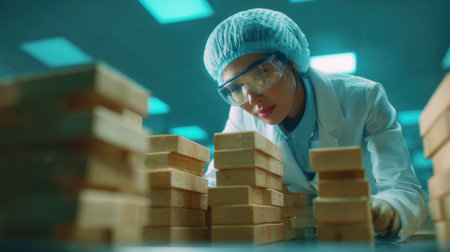 A scientist in a lab coat and safety gear examines stacks of materials with concentration, showcasing dedication to research and innovation in a modern laboratory setting.の素材