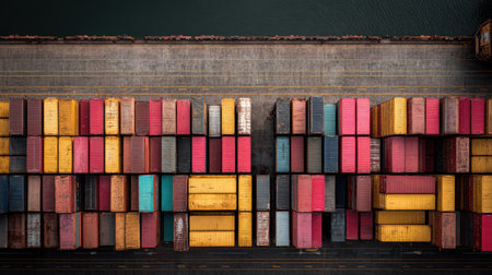 This aerial photograph showcases a vibrant collection of shipping containers neatly organized at a busy port, highlighting the intricate logistics of the freight industry.の素材