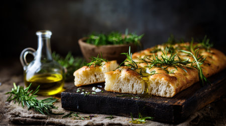 This image features freshly baked focaccia bread garnished with herbs and olive oil, perfect for showcasing culinary artistry and delicious flavors in food photography.の素材