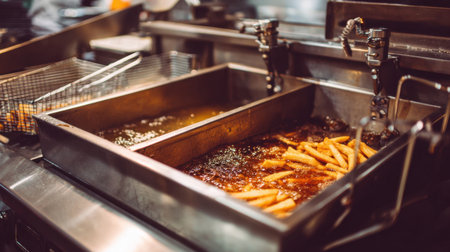 A vibrant scene capturing the essence of a fast food kitchen with a fryer filled with bubbling oil and freshly cooked golden fries, highlighting the energy of food preparation.の素材