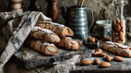 Delight in the warm and inviting scene of rustic biscotti with almonds dusted in powdered sugar, beautifully arranged on a weathered table with vintage kitchen essentials surrounding.の素材