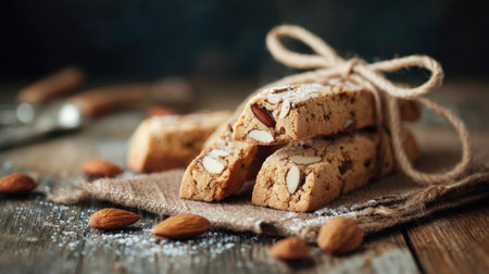 Freshly baked almond biscuits on a rustic wooden board, adorned with twine and a sprinkle of sugar, perfect for sharing during cozy gatherings and enjoying with warm beverages.の素材