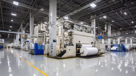 This image showcases a modern paper manufacturing facility with advanced machinery under bright lighting, highlighting the efficiency and innovation of industrial production processes.の素材