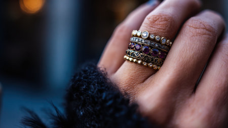 A beautiful hand adorned with an array of elegant stacked gold and gemstone rings, showcasing the intricate craftsmanship and style of modern jewelry in a chic urban environment.の素材