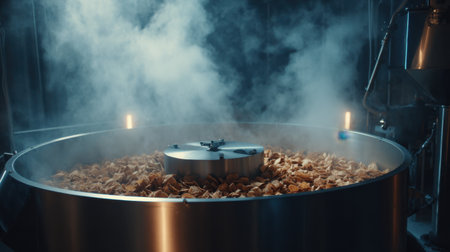 A large industrial tank emits steam while filled with raw ingredients in a modern food production facility, highlighting the innovative processes and equipment used in manufacturing.の素材