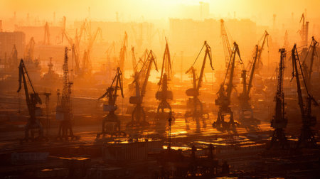A captivating view of cranes silhouetted against a stunning sunrise, illustrating the essence of industrial operations within an urban harbor environment.の素材