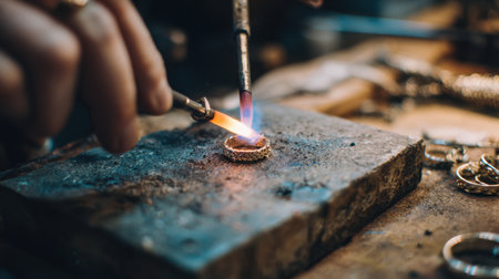 A skilled artisan meticulously crafts a gold ring, using a torch to melt metal in a vintage workshop, showcasing craftsmanship and attention to detail in jewelry making.の素材