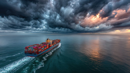 A striking image featuring a container ship navigating through turbulent waters under a dramatic sky, highlighting the essence of maritime travel and global trade.の素材