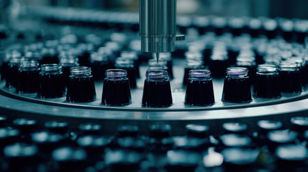 A close view of an automated production line showcasing glass jars being filled with dark liquid in a high-tech food processing facility, emphasizing efficiency and precision.の素材