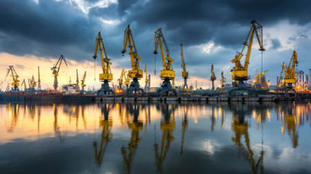 An industrial port scene at dusk showcases towering cranes reflected in calm waters, set against dramatic clouds and vibrant lighting for a captivating urban experience.の素材