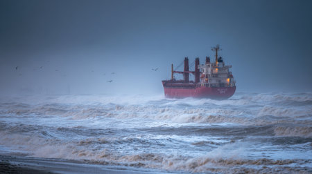 A striking portrayal of a cargo ship braving turbulent seas, surrounded by crashing waves and dark clouds, capturing the essence of maritime adventure and nature's power.の素材