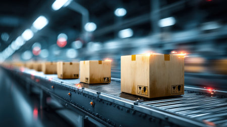 A series of wooden boxes travel along a conveyor belt in a warehouse setting, showcasing the efficiency of modern logistics and storage systems. Ideal for industry-related themes.の素材