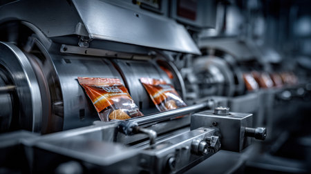 Dynamic view of an advanced food packaging line in a factory focusing on the intricate machinery sealing snack bags, highlighting modern industrial processes and efficiency.の素材