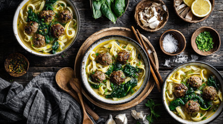 This vibrant image features a delicious bowl of homemade meatballs, spinach, and noodles, artfully arranged on a rustic wooden table, perfect for culinary inspiration.の素材