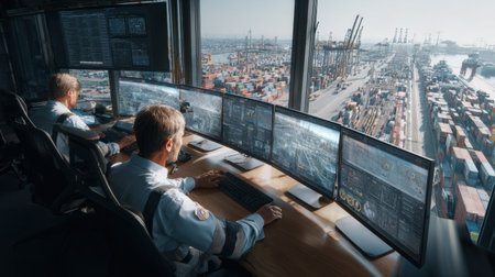 A high-tech control room with two operators monitoring shipping activities through multiple screens, showcasing the bustling operations of a modern logistics terminal.の素材