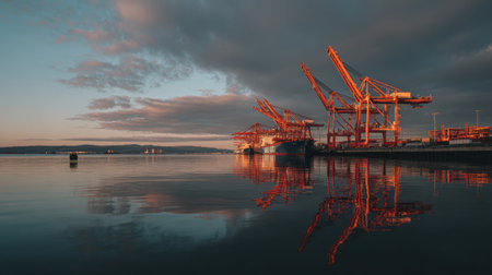 Stunning view of a harbor at sunrise, with cranes silhouetted against the colorful sky, perfect for showcasing industrial beauty and maritime operations in calm water.の素材