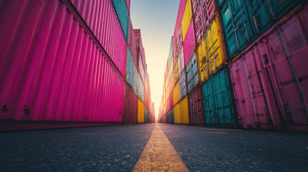 A stunning view between brightly colored shipping containers at sunset, showcasing an industrial setting filled with vibrant hues and striking light contrasts.の素材