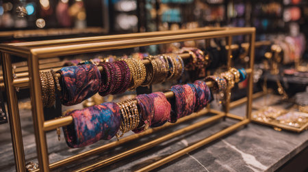 A stunning arrangement of colorful bracelets and bangles in an elegant jewelry store, showcasing exquisite designs and vibrant colors. Perfect for fashion enthusiasts and jewelry lovers.の素材