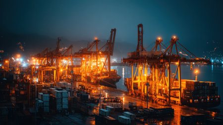 This captivating nighttime image showcases a vibrant shipping port, illuminated by bright lights, revealing cranes and cargo containers, reflecting an active maritime industry.の素材
