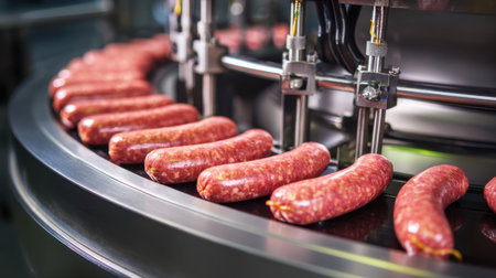 Close-up view of sausages on a production line, capturing modern machinery and automation in the food processing industry, emphasizing efficiency and hygiene.の素材