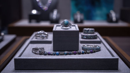 A stunning arrangement of handcrafted jewelry showcased in a modern boutique, emphasizing the intricate designs and vibrant gemstones of each exquisite piece.の素材