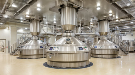 A view of modern brewing tanks in a clean industrial setting, showcasing advanced technology and spacious design for efficient brewing and fermentation processes.の素材