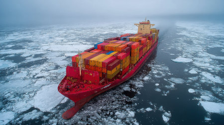 A large cargo ship moves through icy waters, surrounded by floating ice, highlighting the challenges and beauty of maritime transport in Arctic environments.の素材