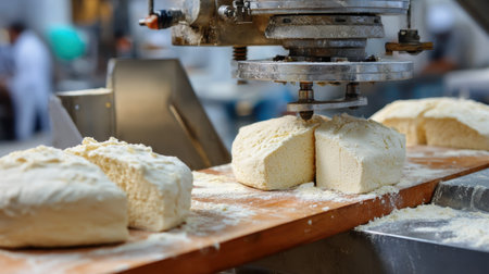 A close-up view of an industrial bakery machine expertly slicing fresh bread dough, highlighting the intricate processes and professional setup of a bustling kitchen.の素材