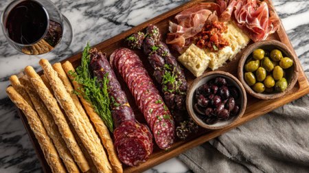 A beautifully arranged rustic charcuterie board featuring an assortment of cured meats, cheese, olives, and breadsticks, perfect for gatherings and elegant dining experiences.の素材
