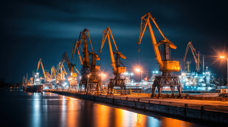 A stunning nighttime composition showcasing industrial cranes and ships at a busy harbor, with vibrant lights reflecting on the water, creating a serene yet dynamic scene.の素材