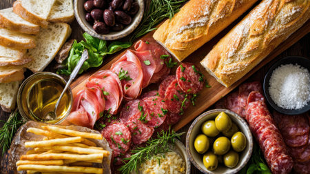 This tempting arrangement features artisan bread, an array of cured meats, olives, and fresh herbs, perfect for entertaining or a delightful picnic gathering.の素材