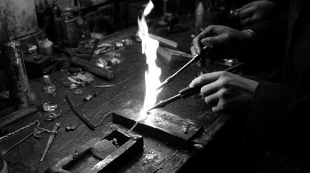 A focused artisan meticulously works with a blowtorch in a vibrant workshop, showcasing the intricate art of metalwork and the beauty of craftsmanship in action.の素材