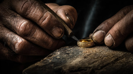 A skilled artisan meticulously crafts a gold ring, highlighting the intricate design and detailing involved in the jewelry-making process. The image captures the artistry and dedication required.の素材