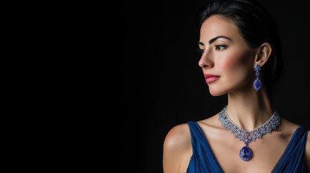 A captivating portrait of an elegant woman wearing stunning blue gemstone jewelry. The striking necklace and earrings create a sense of sophistication against a dark background.の素材