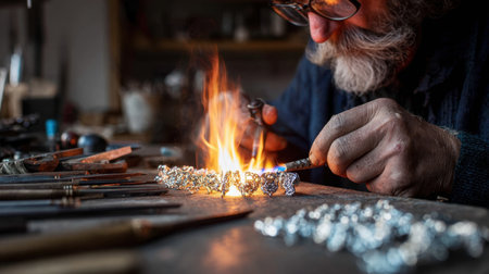 A dedicated artisan meticulously works with fire and tools in a rustic workshop, creating stunning silver jewelry pieces that highlight traditional craftsmanship and artistic skill.の素材
