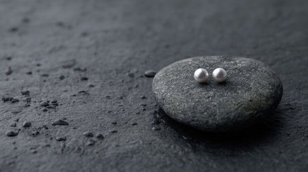 A pair of elegant pearls rests on a smooth stone, showcasing the timeless appeal of classic jewelry against a dark textured background, inviting admiration and contemplation.の素材