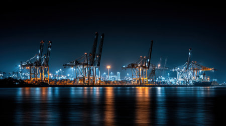 Captivating nighttime view of a busy port with illuminated cranes, showcasing vibrant activity and reflections on water. An urban landscape of shipping operations and modern infrastructure.の素材