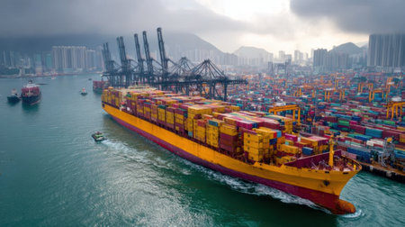 A large container ship is navigating through a bustling port, surrounded by cranes and city skyline in the background, showcasing maritime trade activity in Hong Kong.の素材