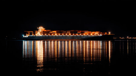 A magnificent container ship lights up the night as it navigates calm waters, reflecting the vibrant port lights that signify global maritime trade activities.の素材