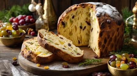A beautifully arranged festive bread on a wooden table, surrounded by fresh fruits, creating a warm and inviting atmosphere perfect for holiday gatherings and culinary delights.の素材