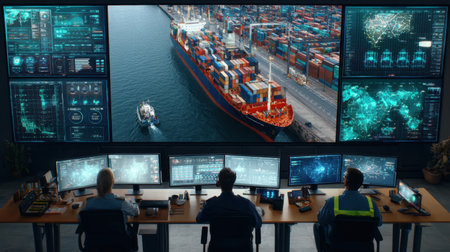 A high-tech control room monitors shipping operations. Multiple screens display data while staff oversee a large container ship navigating through a busy port.の素材